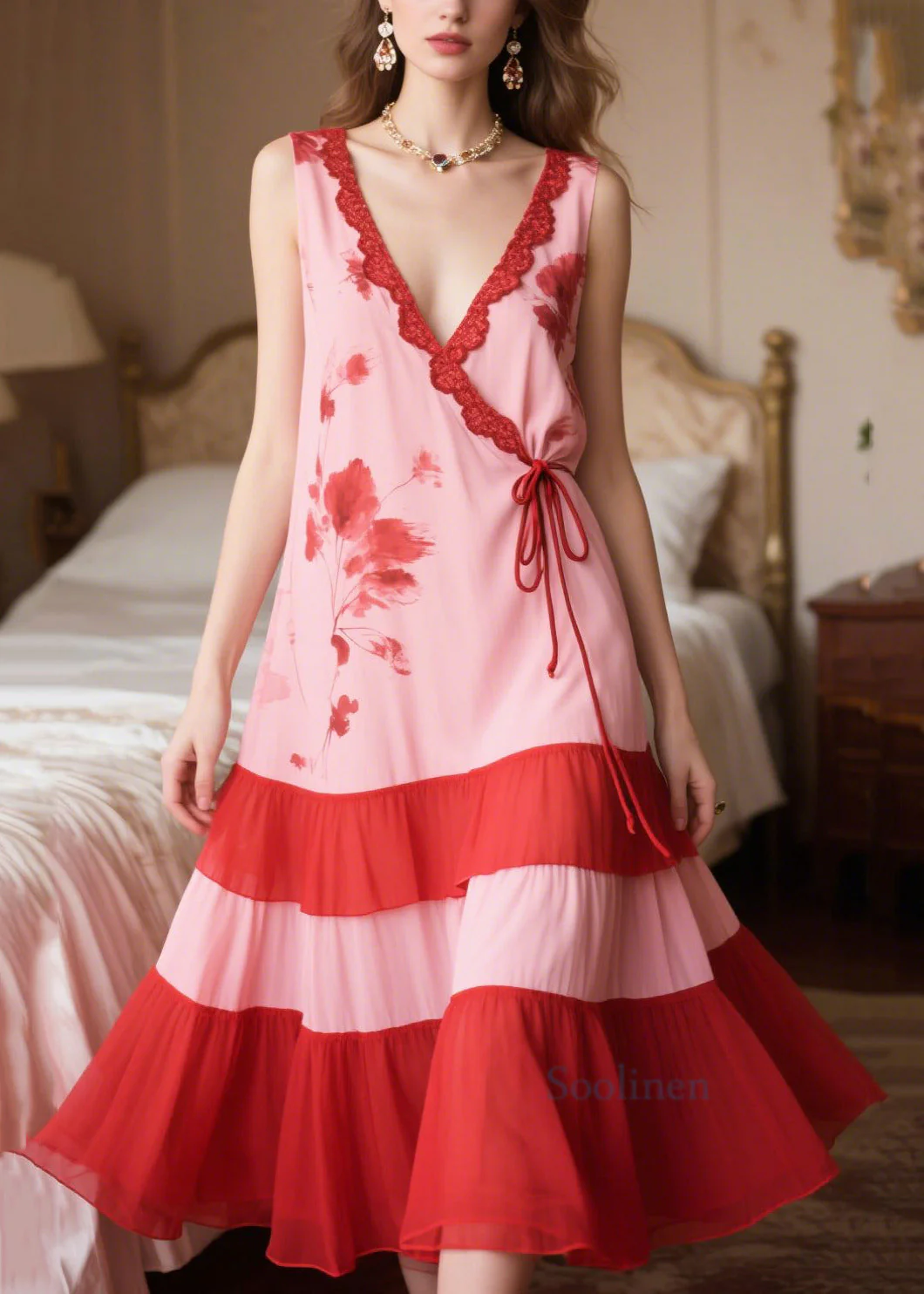 Women Pink Patchwork Tie Waist Chiffon Maxi Dresses Sleeveless - Image 3