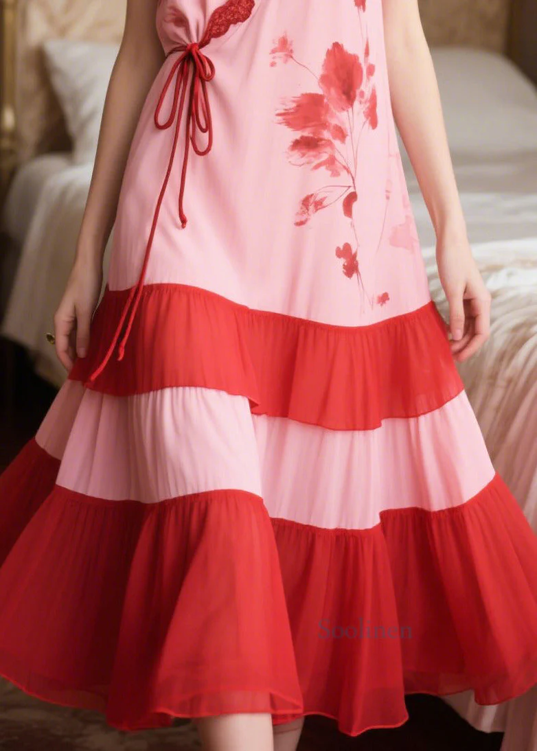 Women Pink Patchwork Tie Waist Chiffon Maxi Dresses Sleeveless - Image 4