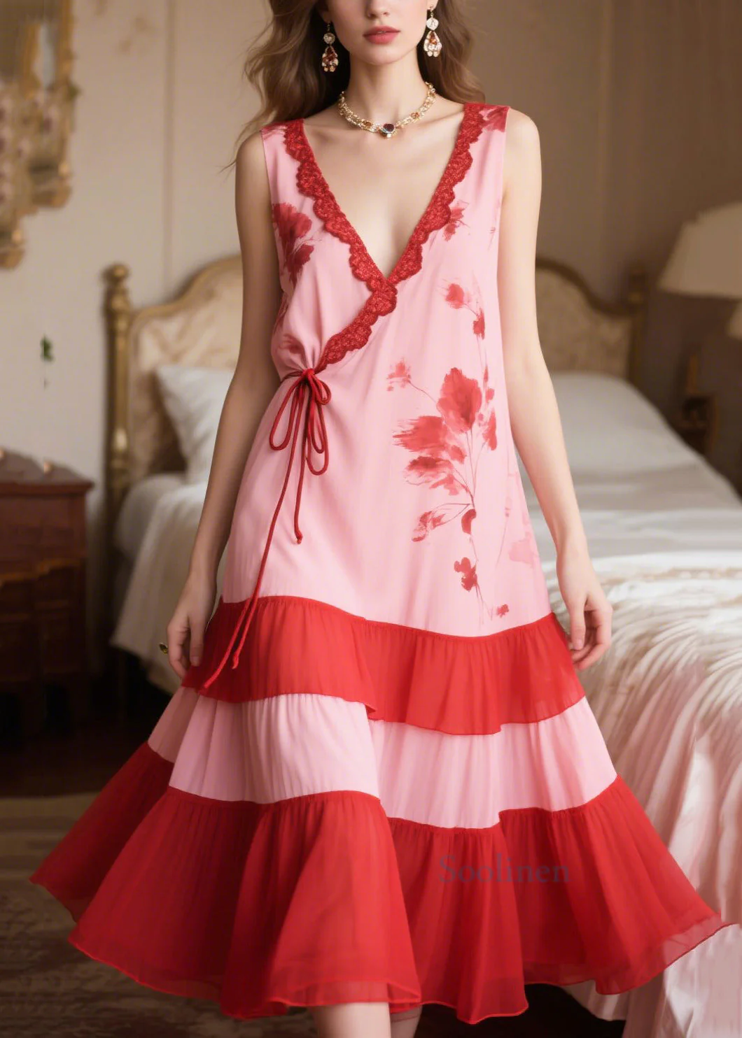 Women Pink Patchwork Tie Waist Chiffon Maxi Dresses Sleeveless - Image 5