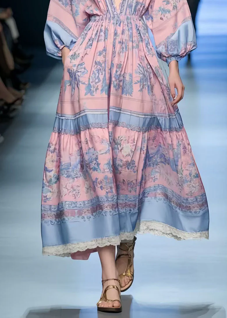 Women Pink Print Exra Large Hem Holiday Dress Spring - Image 4