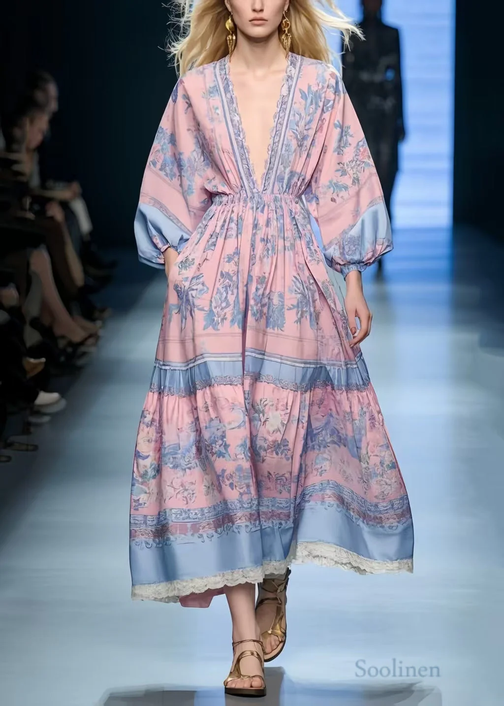 Women Pink Print Exra Large Hem Holiday Dress Spring - Image 5
