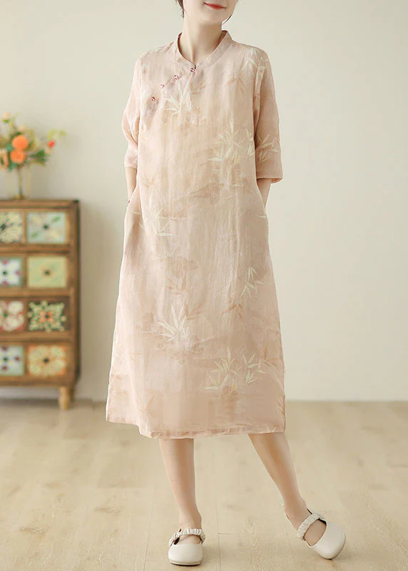 Women Pink Print Pockets Cotton Dress Half Sleeve - Image 2