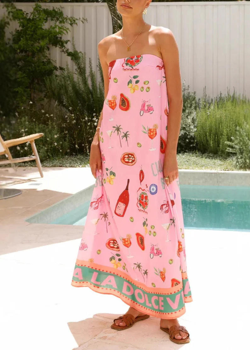 Women Pink Print Strapless Cotton Vacation Maxi Dress - Image 2