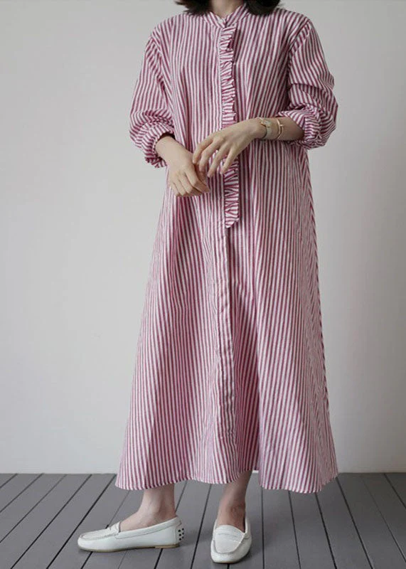 Women Pink Red Striped Ruffled Patchwork Cotton Shirt Dresses Spring - Image 2
