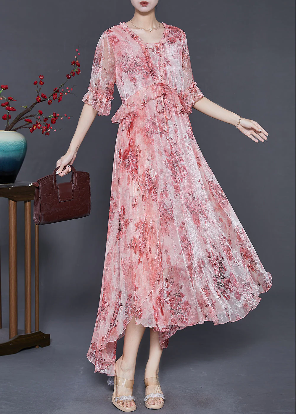 Women Pink Ruffled Print Silk Maxi Dresses Summer - Image 3