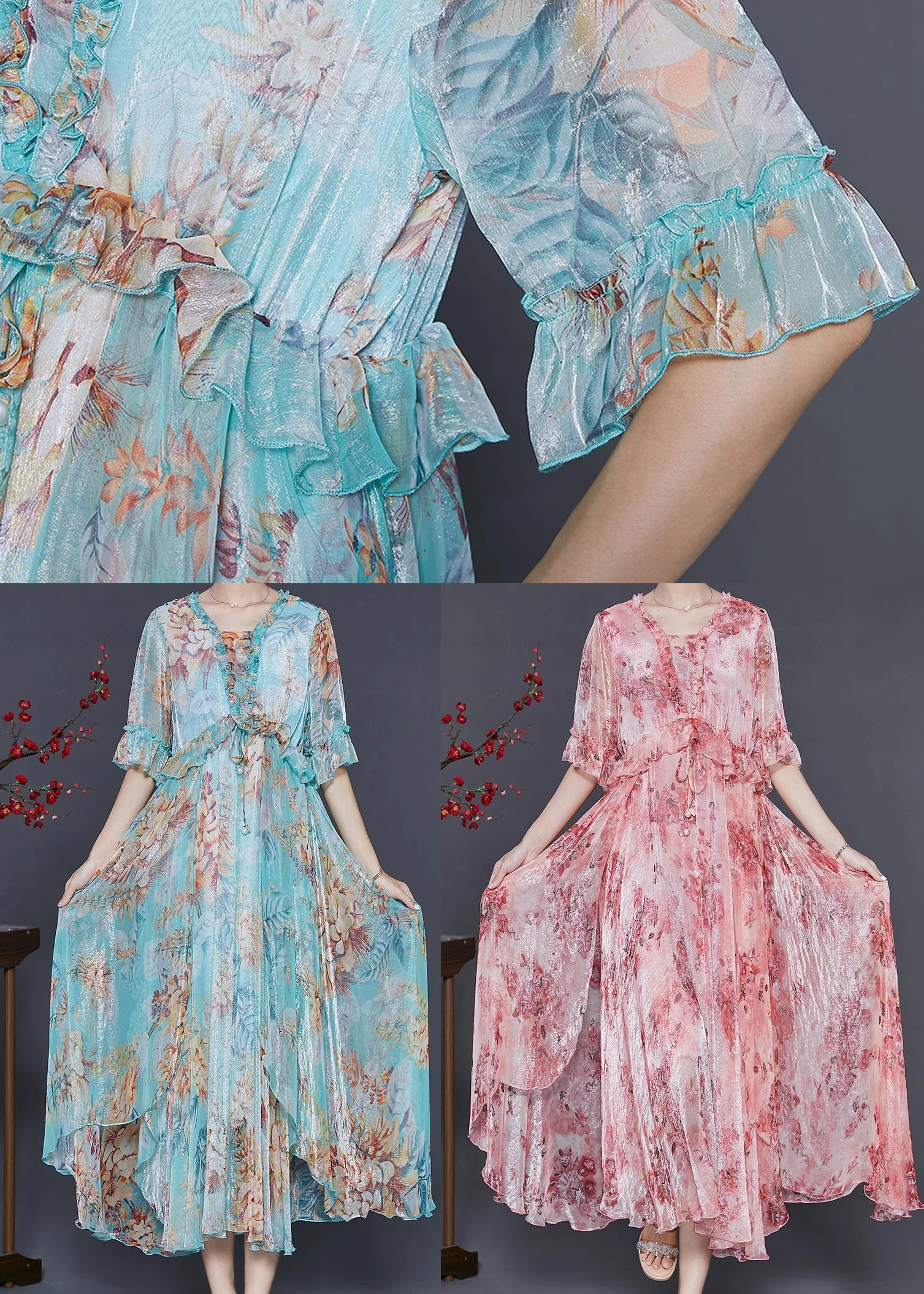 Women Pink Ruffled Print Silk Maxi Dresses Summer - Image 5