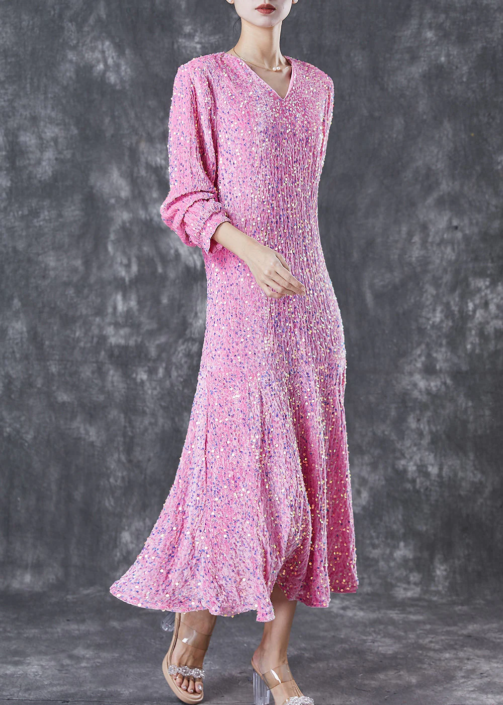Women Pink Sequins Wrinkled Silk Velour Dress Vestidos Spring - Image 3