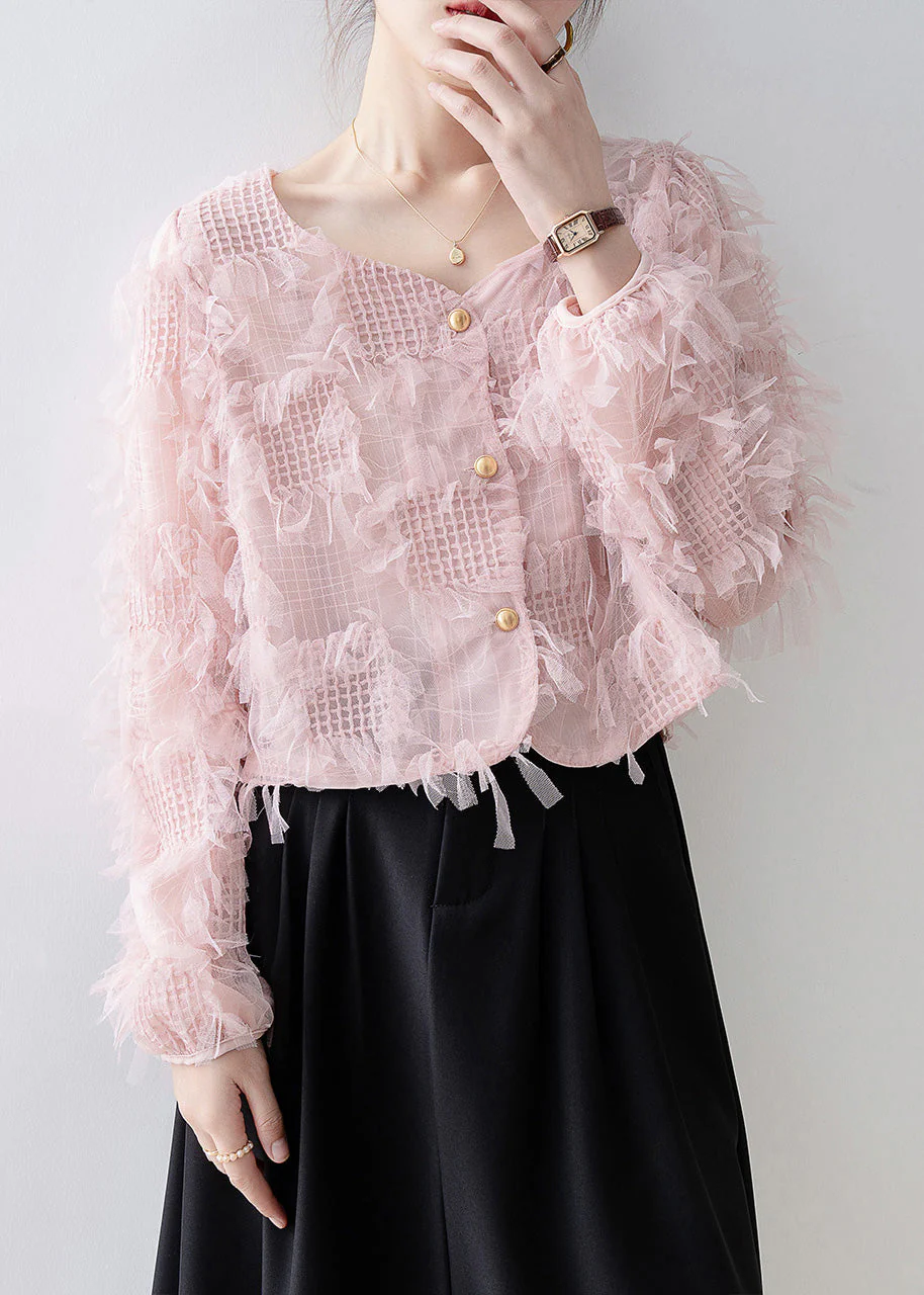 Women Pink Square Collar Tassel Patchwork Tulle Top Spring - Image 2