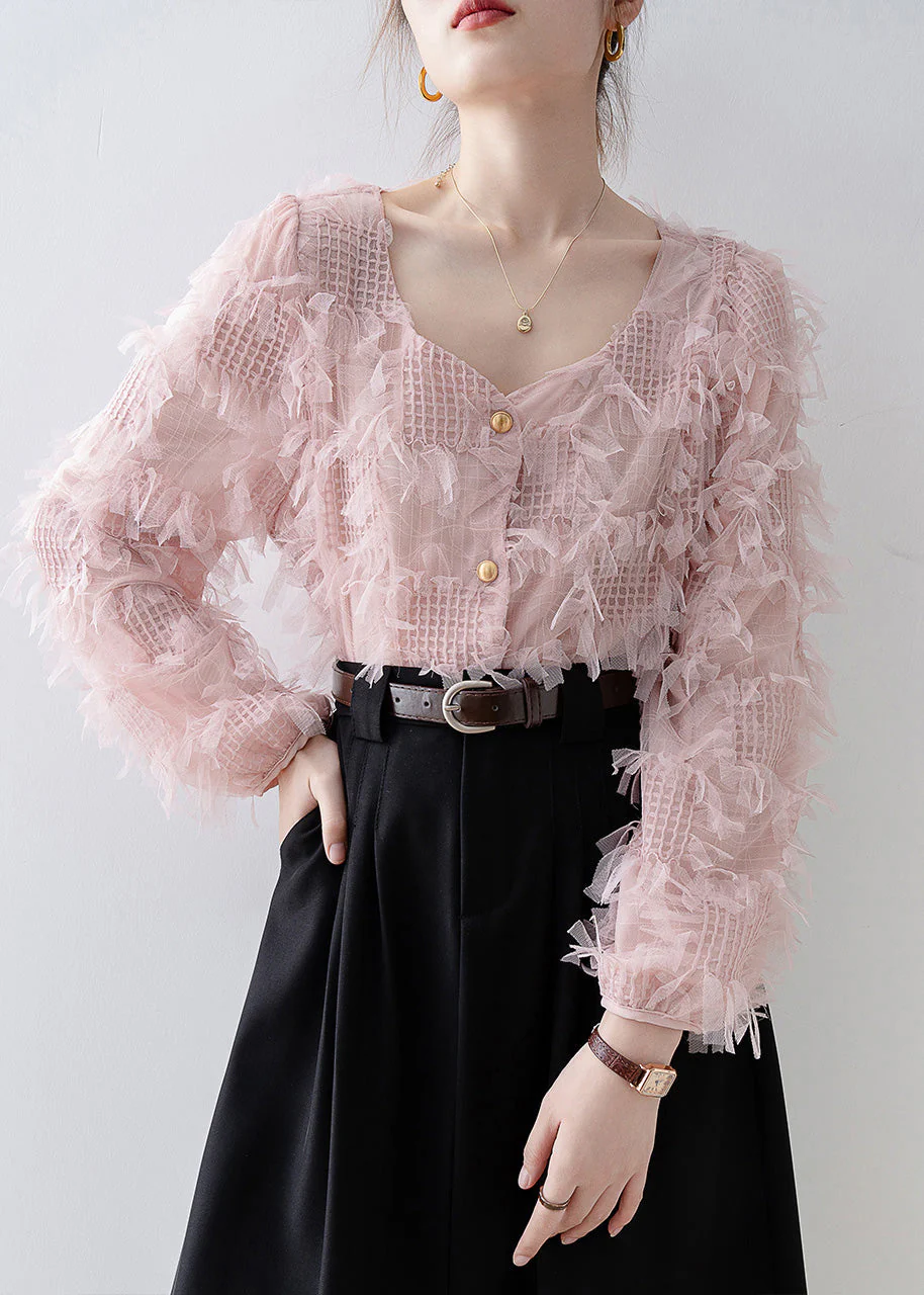 Women Pink Square Collar Tassel Patchwork Tulle Top Spring - Image 3
