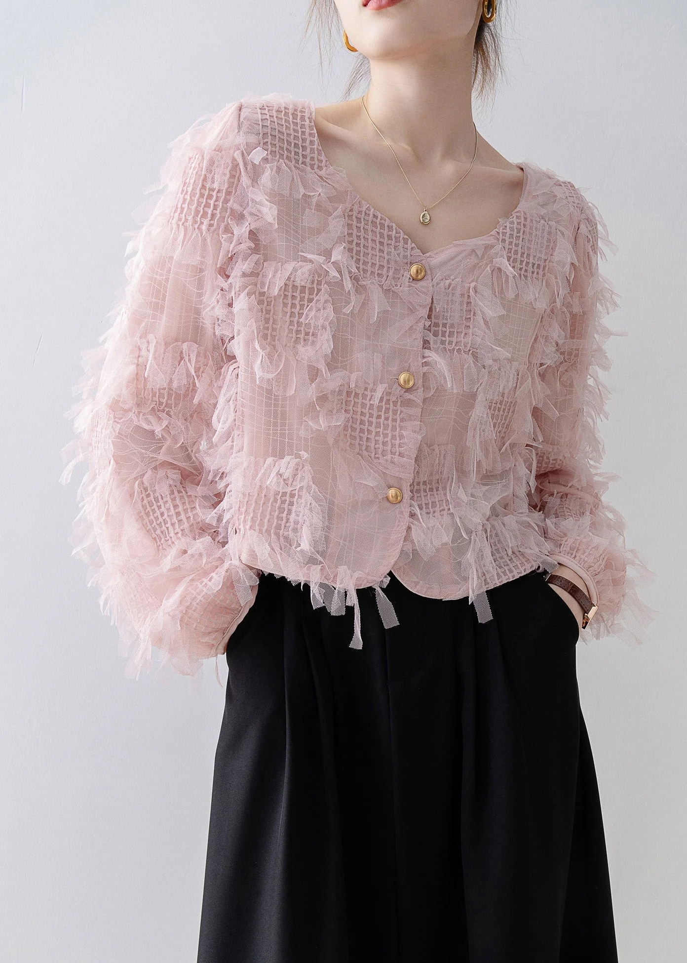 Women Pink Square Collar Tassel Patchwork Tulle Top Spring - Image 4