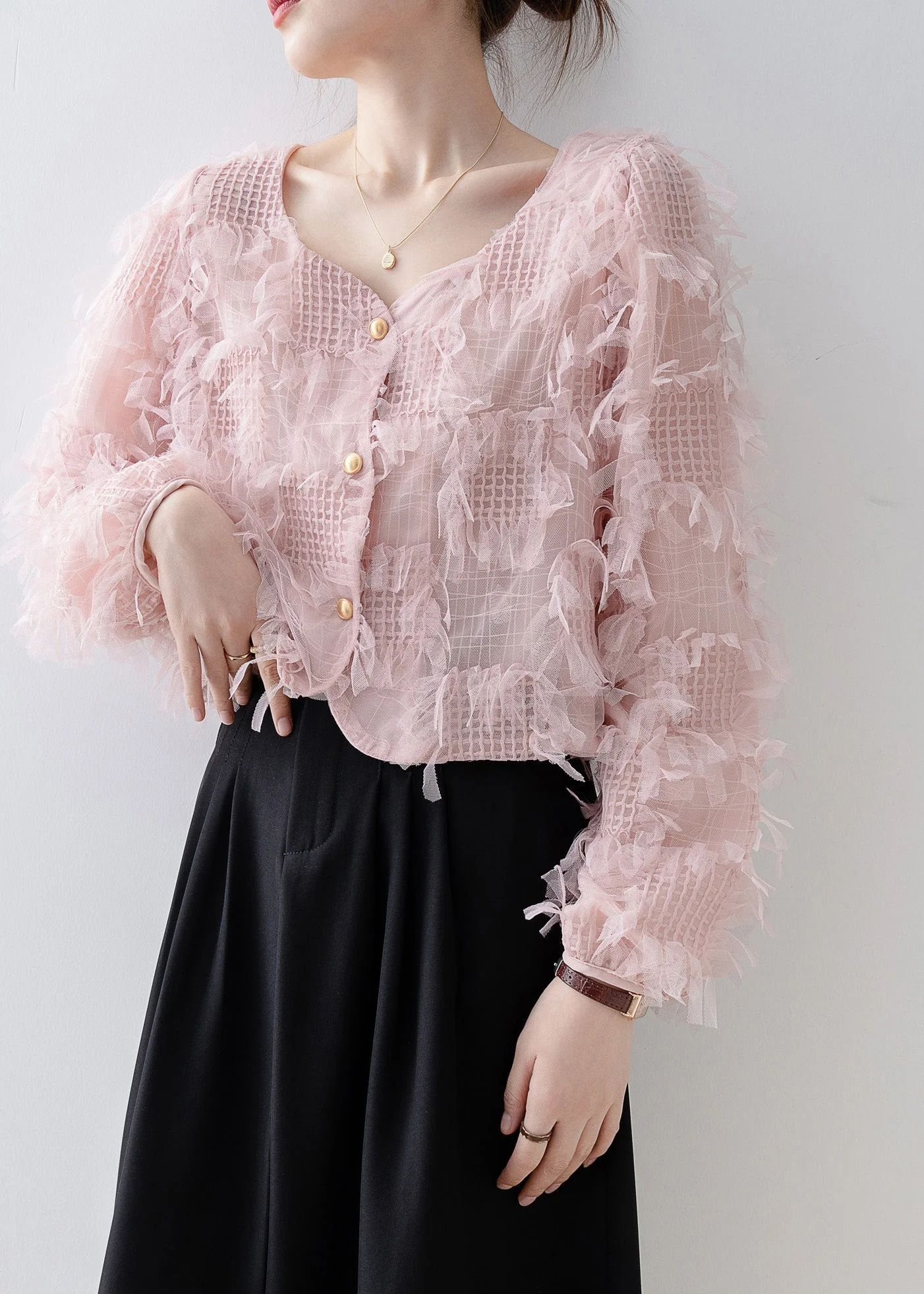 Women Pink Square Collar Tassel Patchwork Tulle Top Spring - Image 5