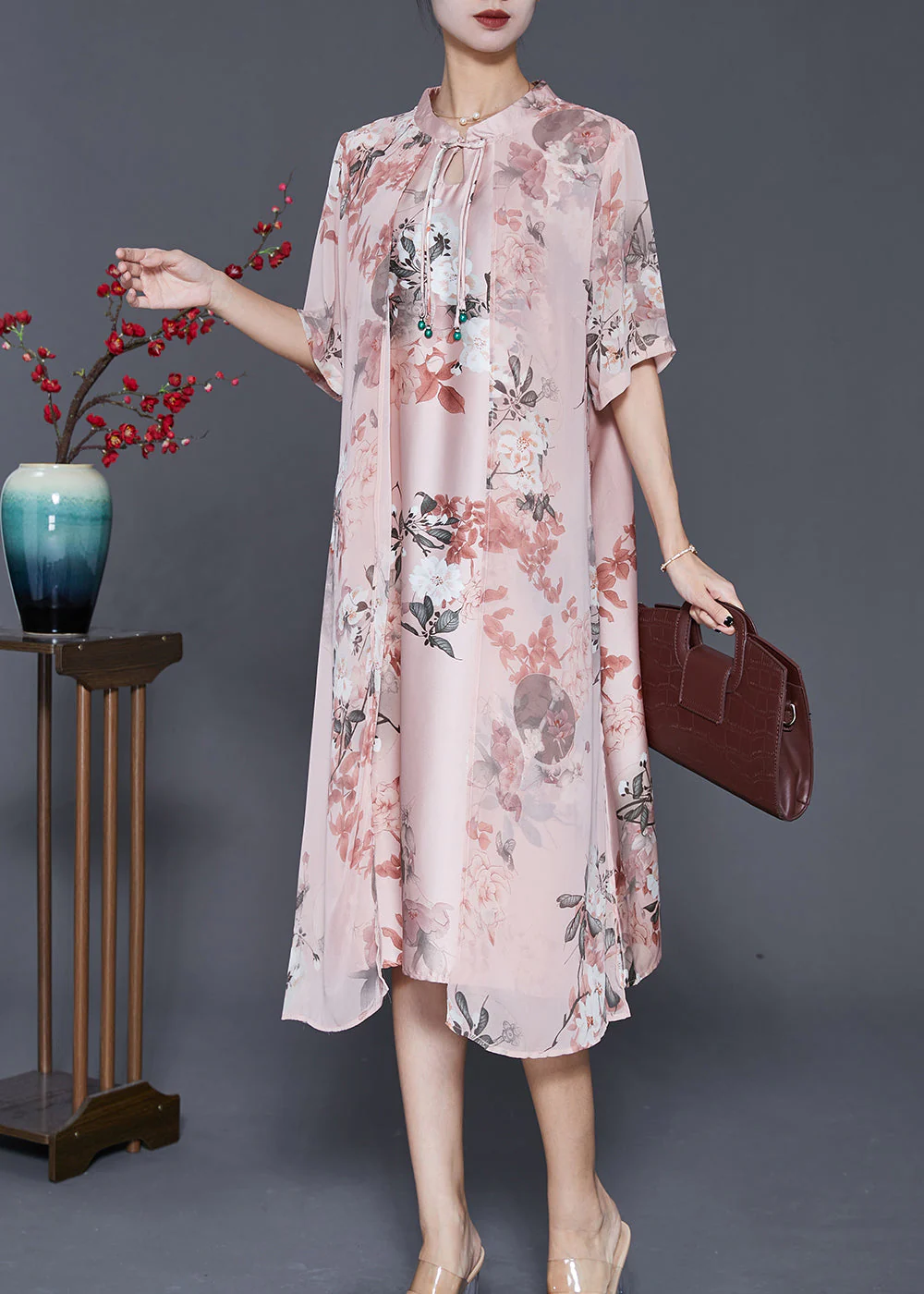 Women Pink Tasseled Print Silk Maxi Dress Summer - Image 2
