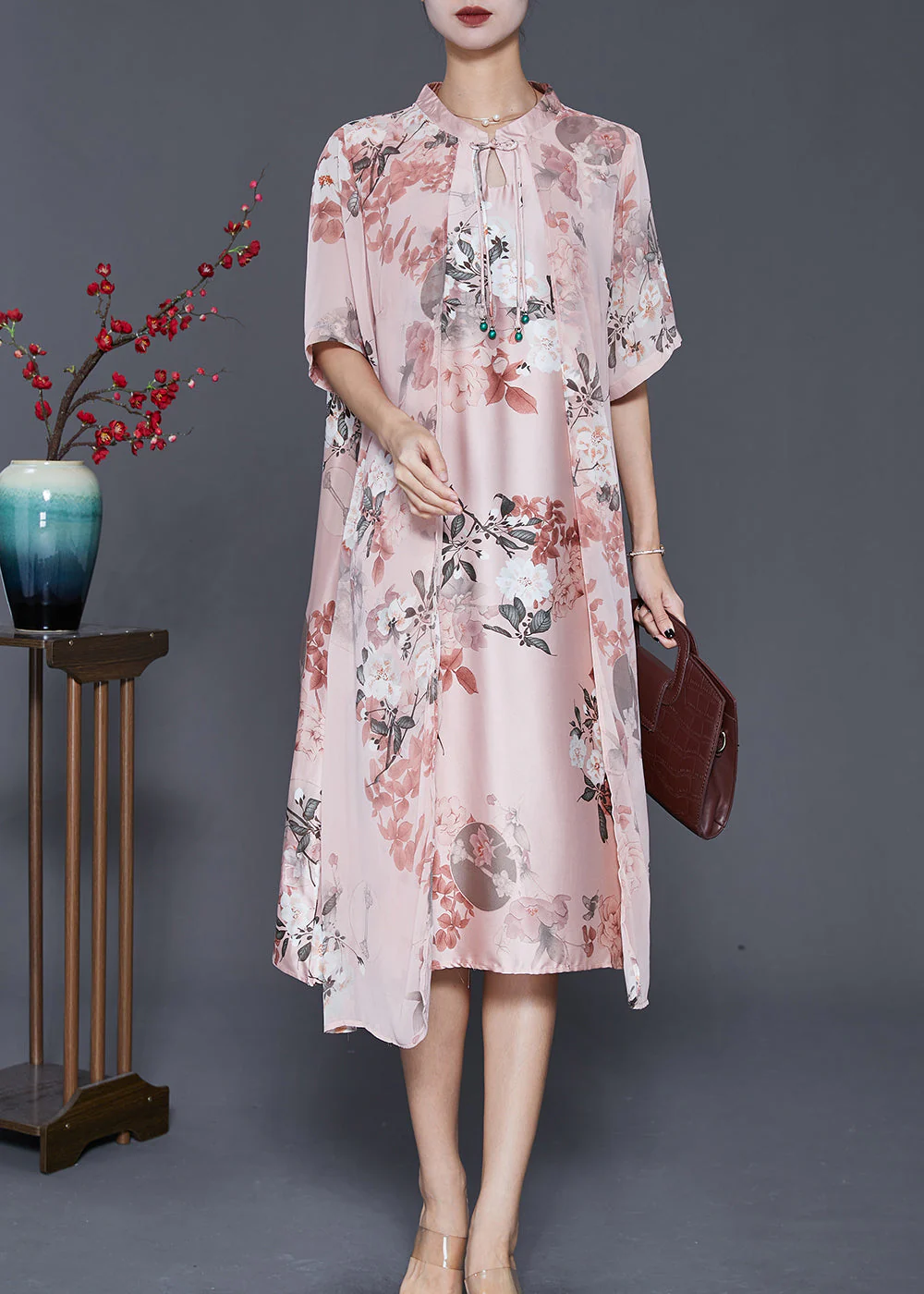 Women Pink Tasseled Print Silk Maxi Dress Summer - Image 3