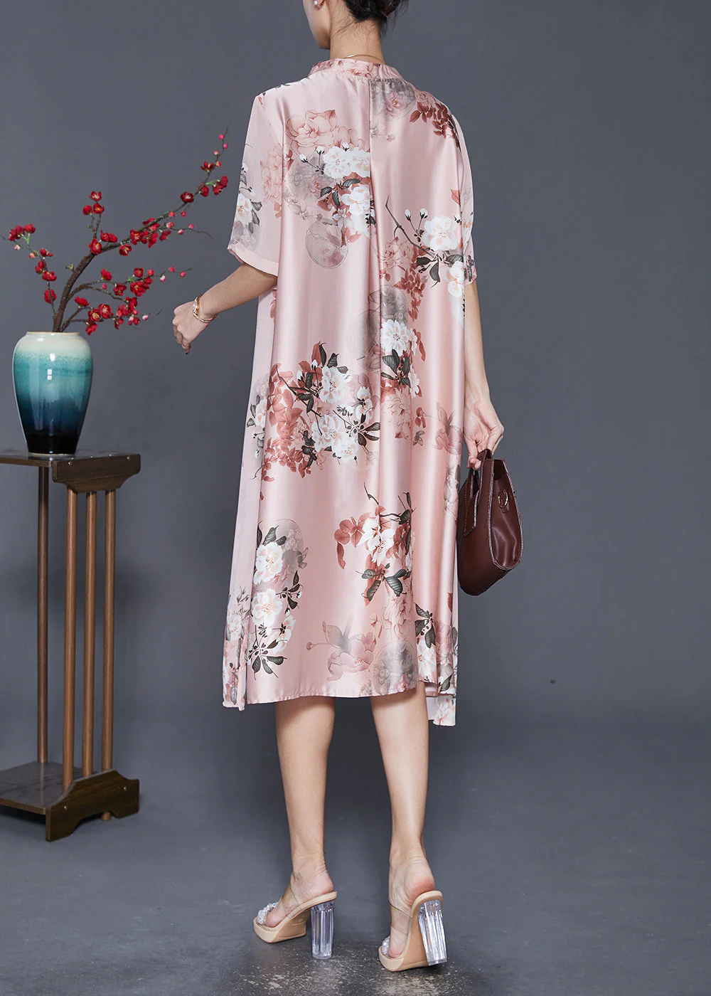 Women Pink Tasseled Print Silk Maxi Dress Summer - Image 4