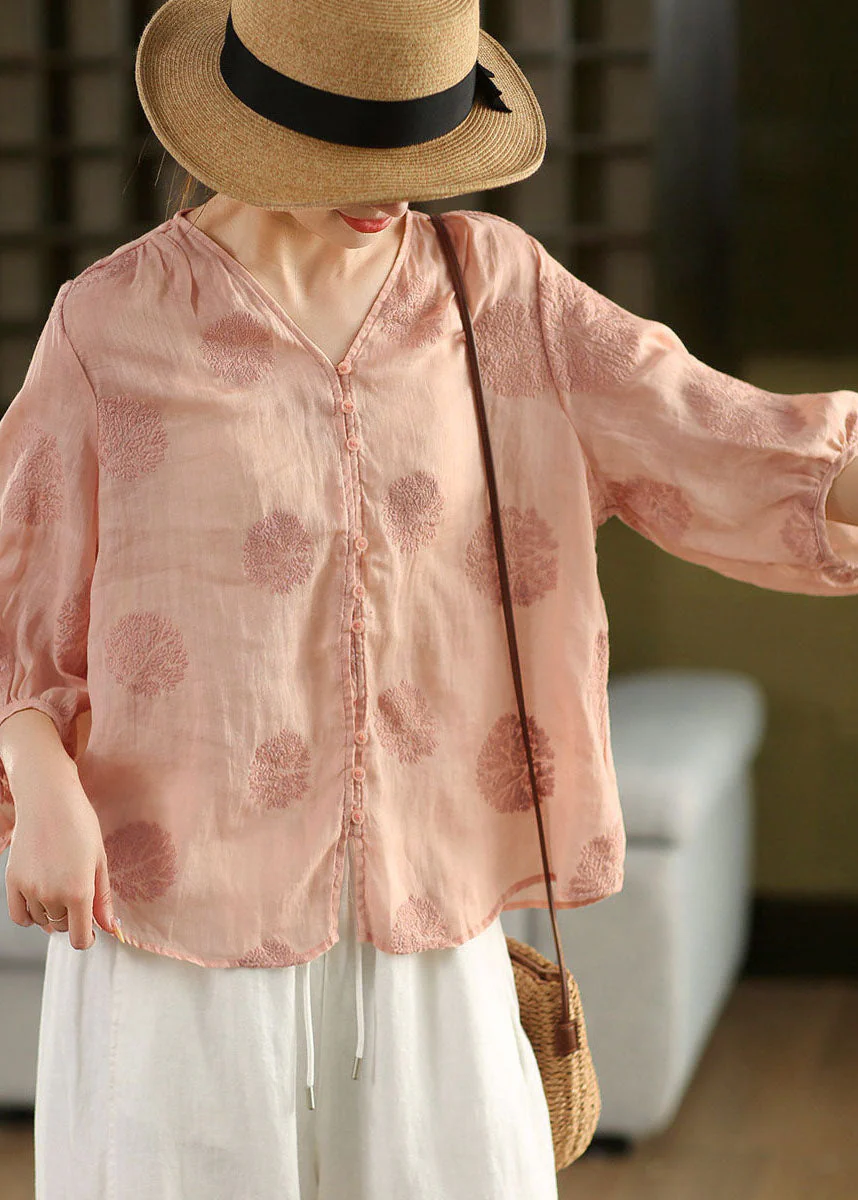 Women Pink V Neck Embroidered Linen Shirt Top Lantern Sleeve