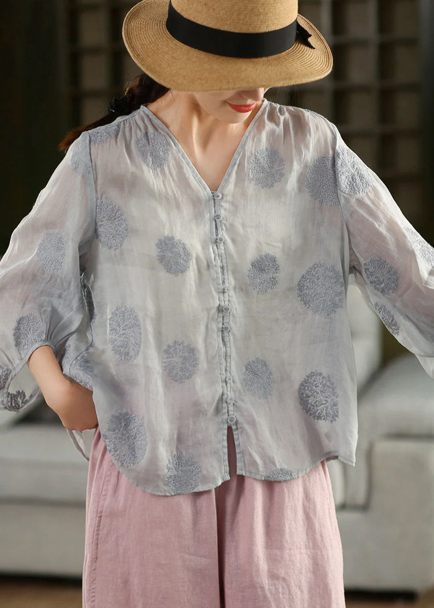 Women Pink V Neck Embroidered Linen Shirt Top Lantern Sleeve - Image 2