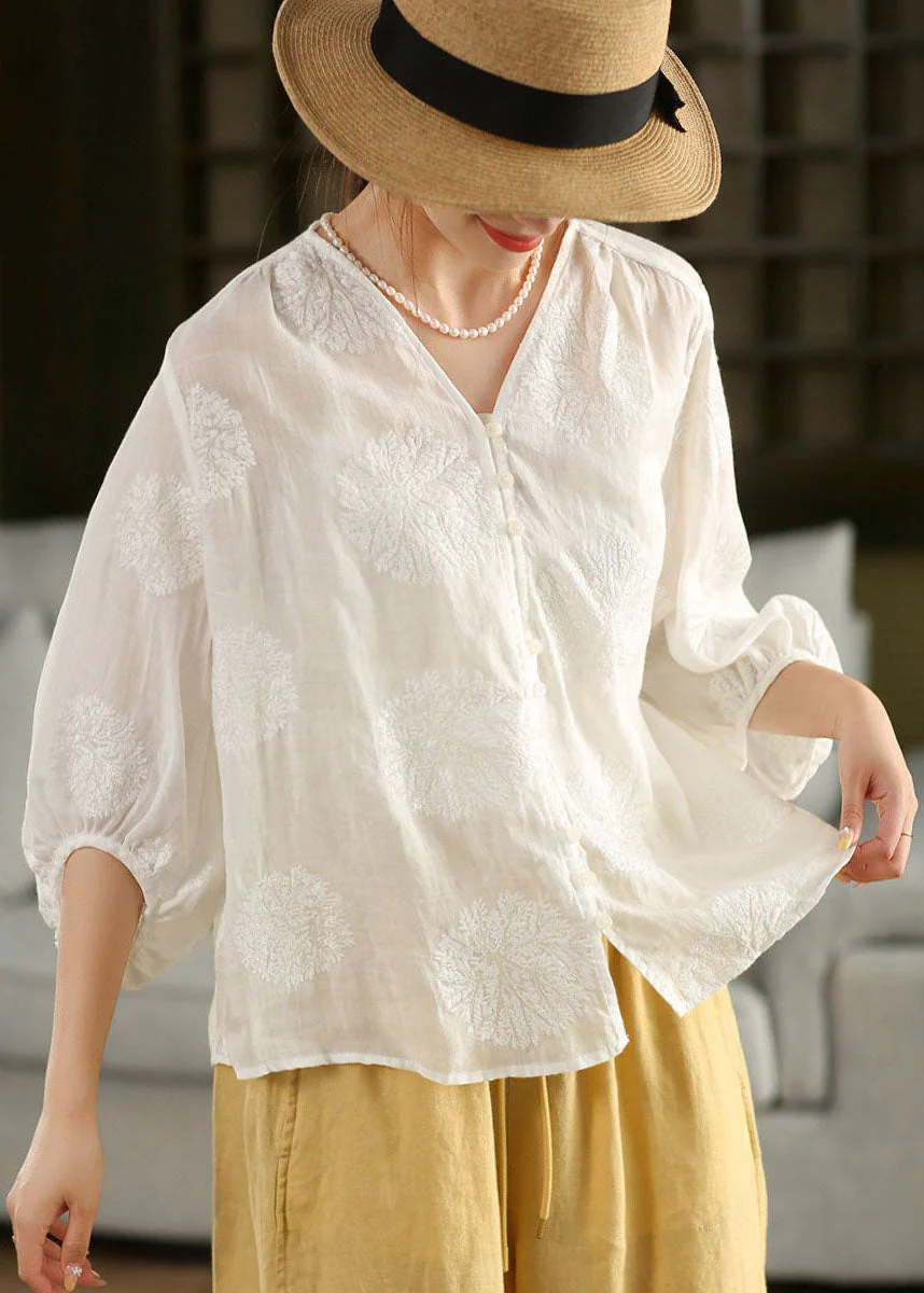 Women Pink V Neck Embroidered Linen Shirt Top Lantern Sleeve - Image 3