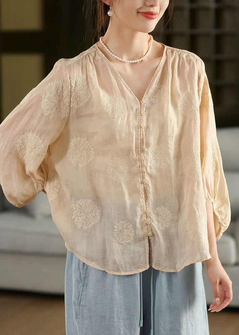 Women Pink V Neck Embroidered Linen Shirt Top Lantern Sleeve - Image 4