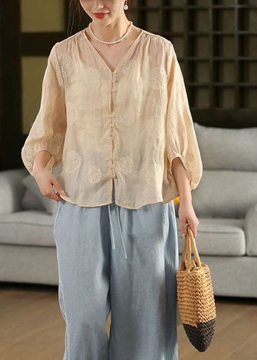Women Pink V Neck Embroidered Linen Shirt Top Lantern Sleeve - Image 5