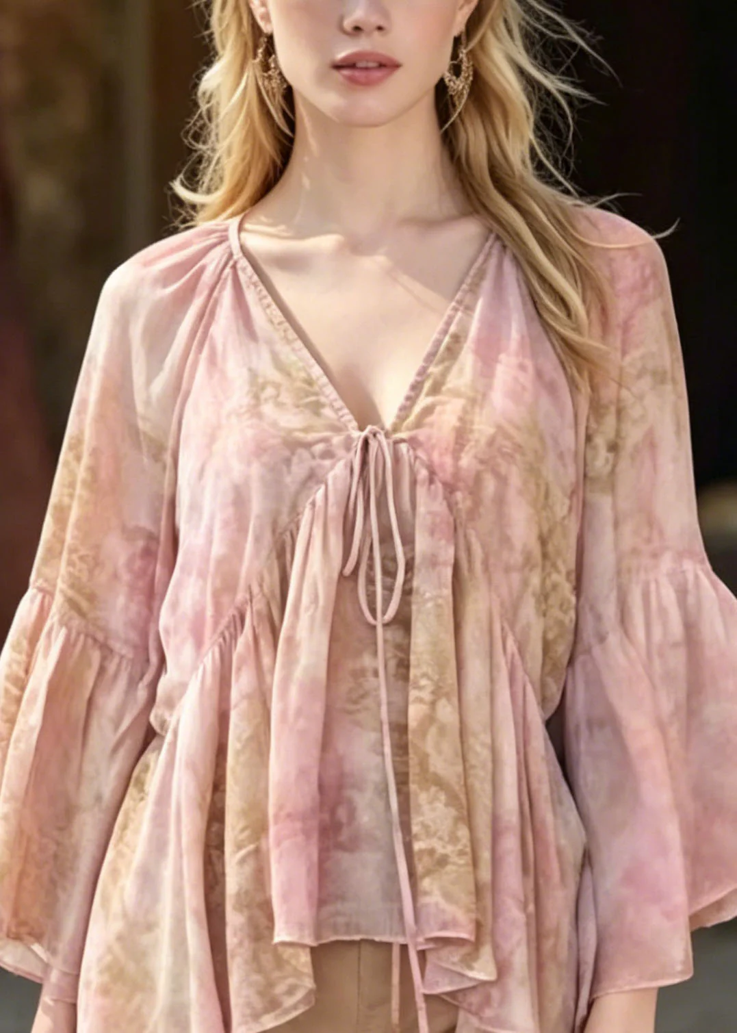 Women Pink V Neck Print Chiffon Blouse Top Flare Sleeve - Image 2