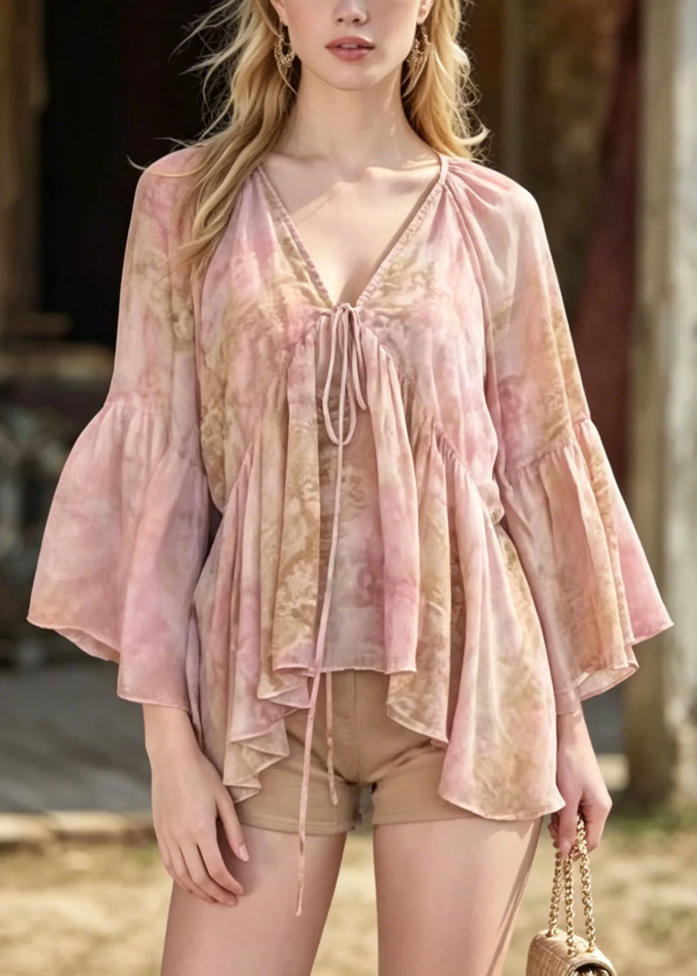 Women Pink V Neck Print Chiffon Blouse Top Flare Sleeve - Image 3