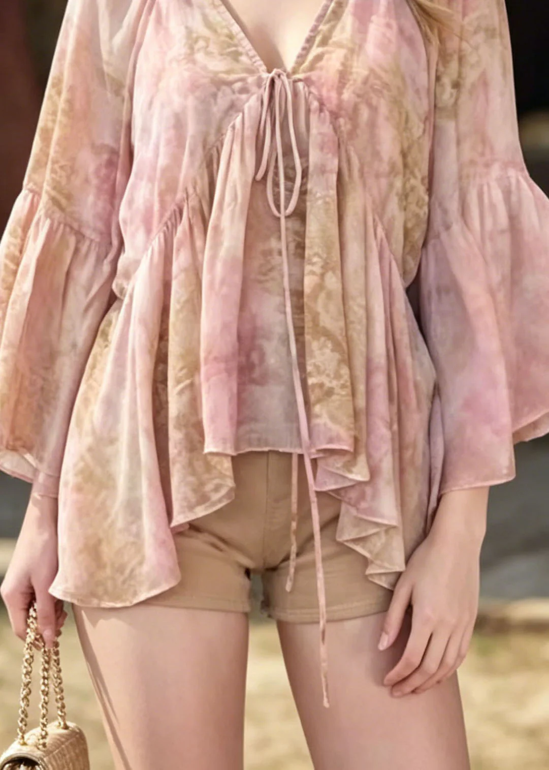 Women Pink V Neck Print Chiffon Blouse Top Flare Sleeve - Image 4