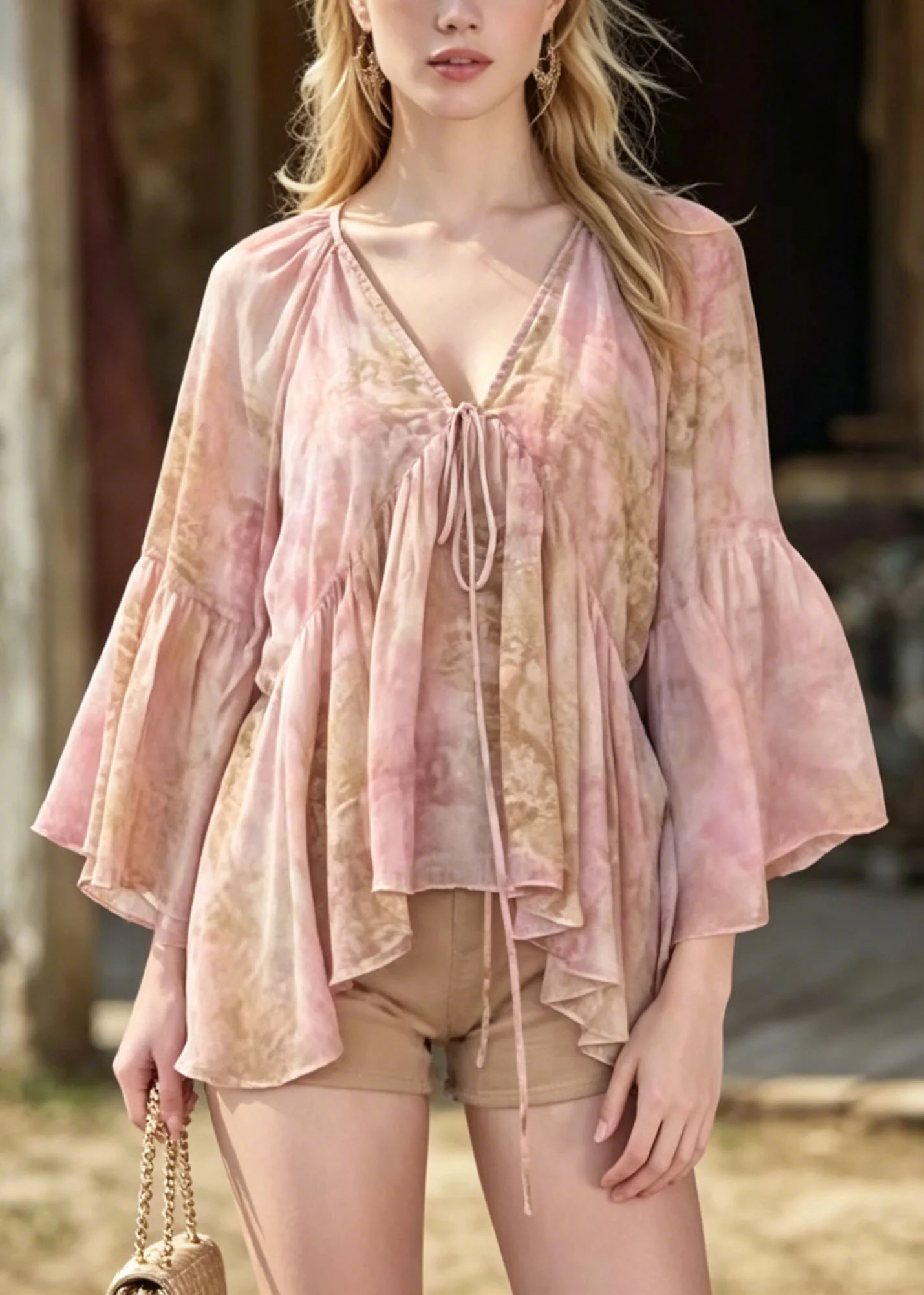 Women Pink V Neck Print Chiffon Blouse Top Flare Sleeve - Image 5