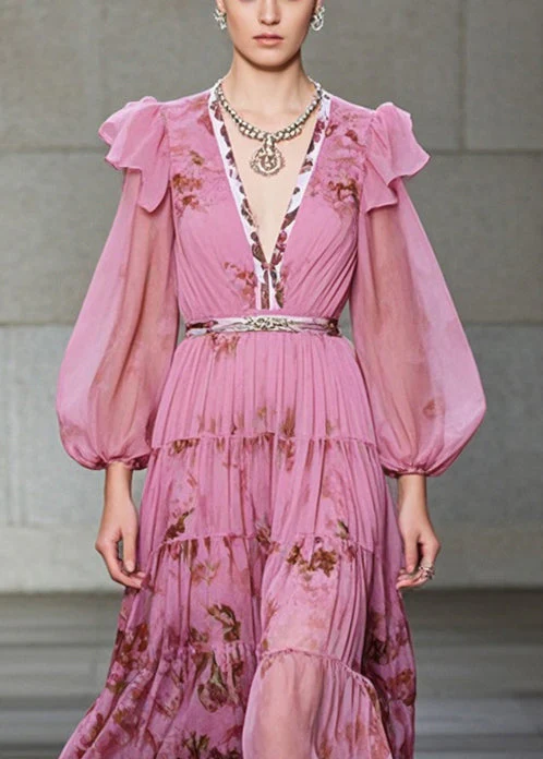 Women Pink V Neck Print Exra Large Hem Chiffon Party Dresses Fall - Image 2