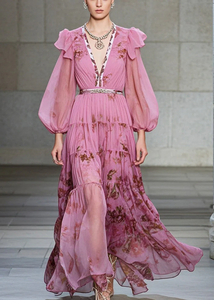 Women Pink V Neck Print Exra Large Hem Chiffon Party Dresses Fall - Image 3