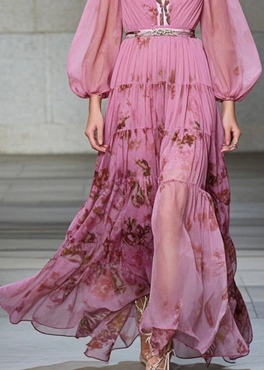 Women Pink V Neck Print Exra Large Hem Chiffon Party Dresses Fall - Image 4