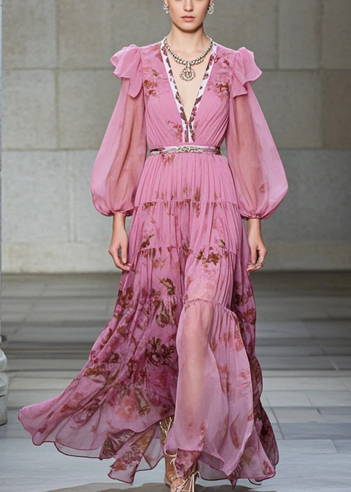 Women Pink V Neck Print Exra Large Hem Chiffon Party Dresses Fall - Image 5