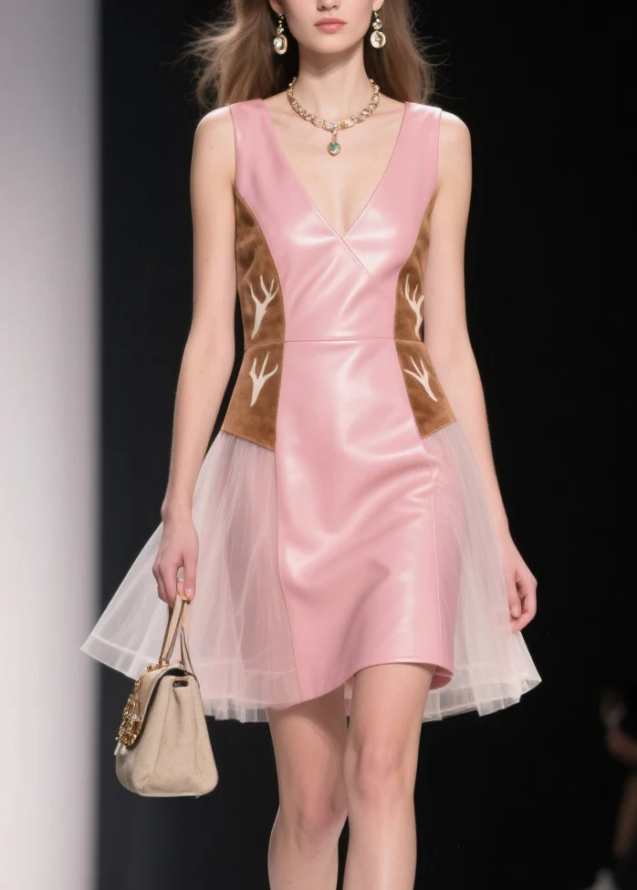 Women Pink V Neck Tulle Patchwork Faux Leather Dresses Summer - Image 2
