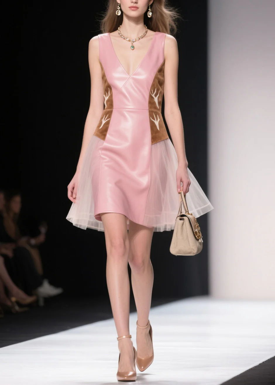 Women Pink V Neck Tulle Patchwork Faux Leather Dresses Summer - Image 3