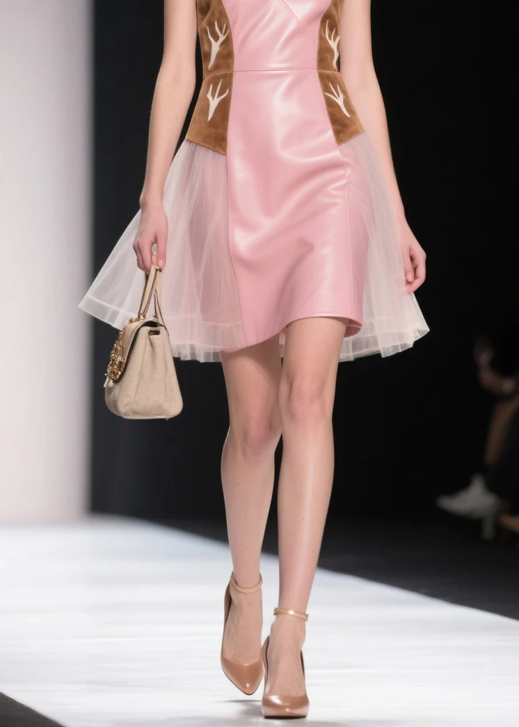 Women Pink V Neck Tulle Patchwork Faux Leather Dresses Summer - Image 4