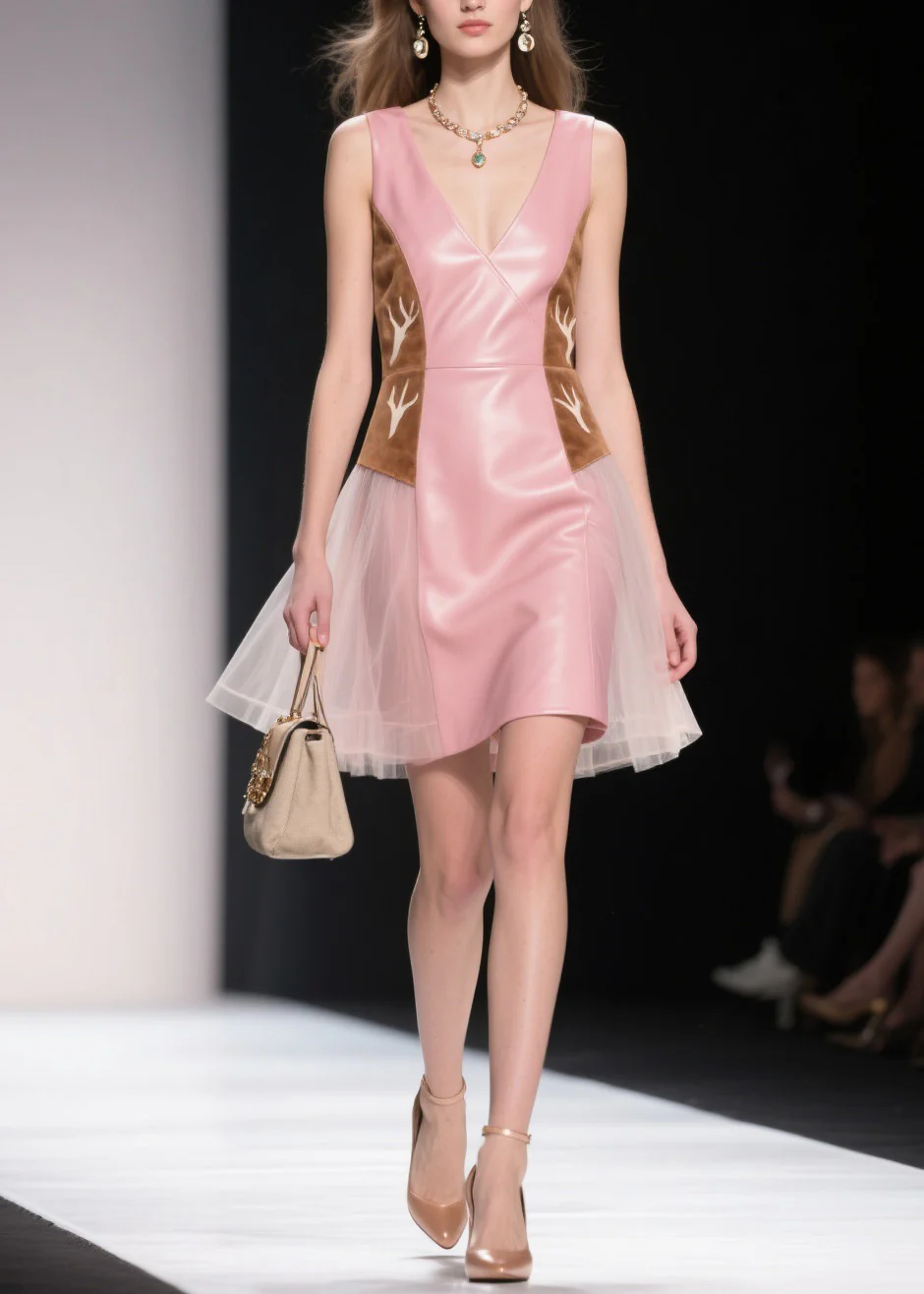 Women Pink V Neck Tulle Patchwork Faux Leather Dresses Summer - Image 5