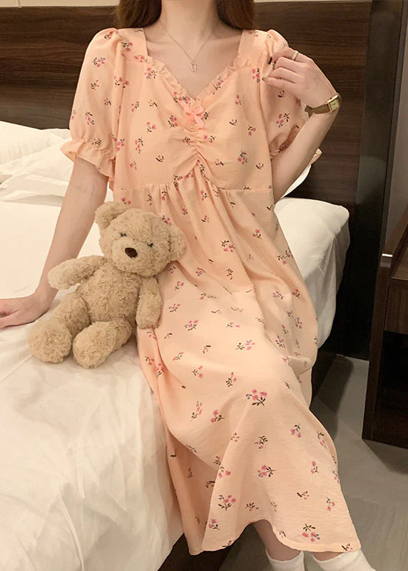 Women Pink V Neck Wrinkled Print Cotton Pajamas Long Dress Summer - Image 2