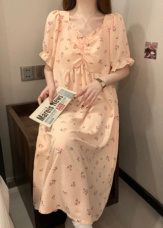 Women Pink V Neck Wrinkled Print Cotton Pajamas Long Dress Summer - Image 3