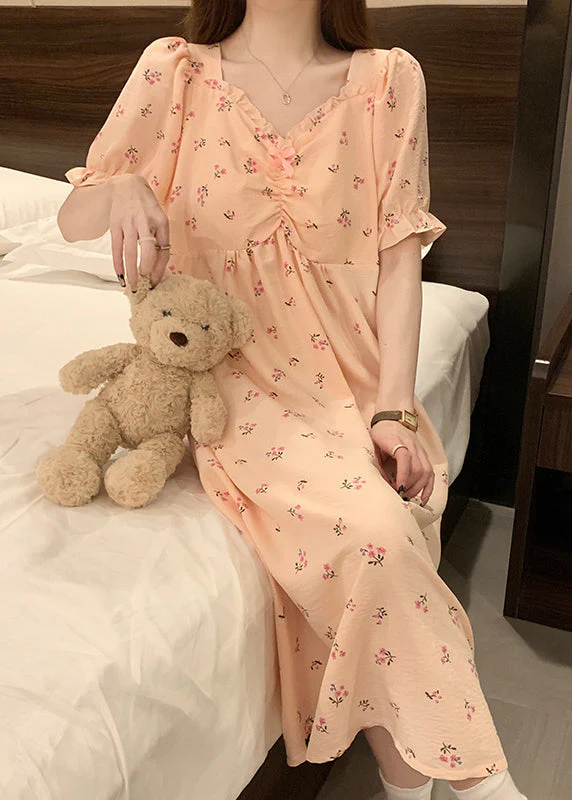Women Pink V Neck Wrinkled Print Cotton Pajamas Long Dress Summer - Image 4