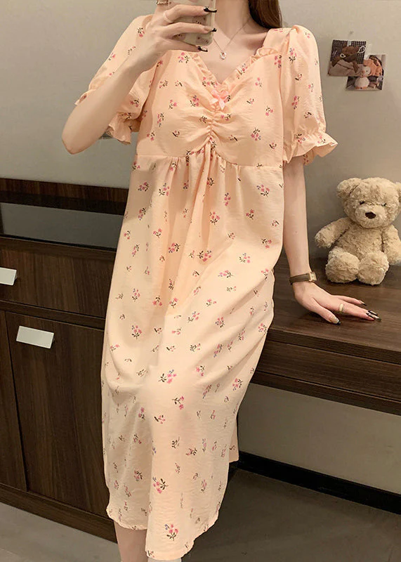 Women Pink V Neck Wrinkled Print Cotton Pajamas Long Dress Summer - Image 5