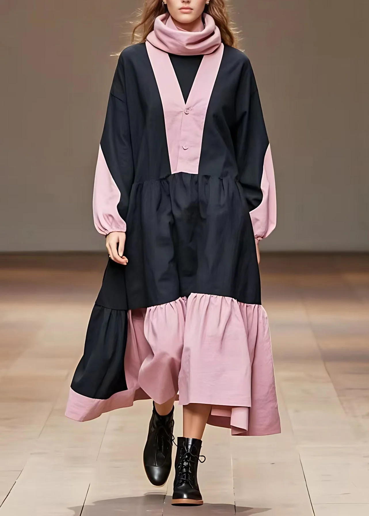 Women Pink Wrinkled Patchwork Maxi Dress Long Sleeve - Image 2