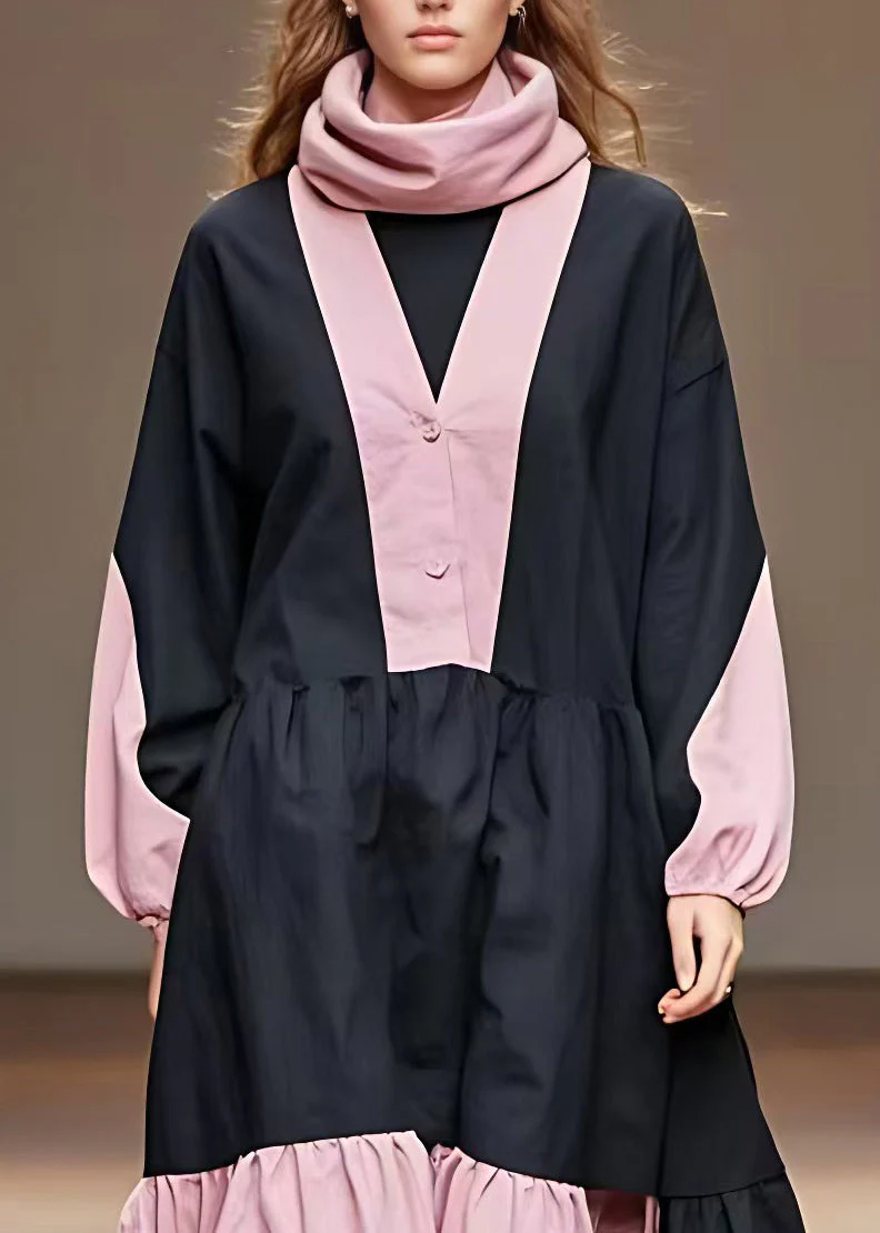 Women Pink Wrinkled Patchwork Maxi Dress Long Sleeve - Image 3