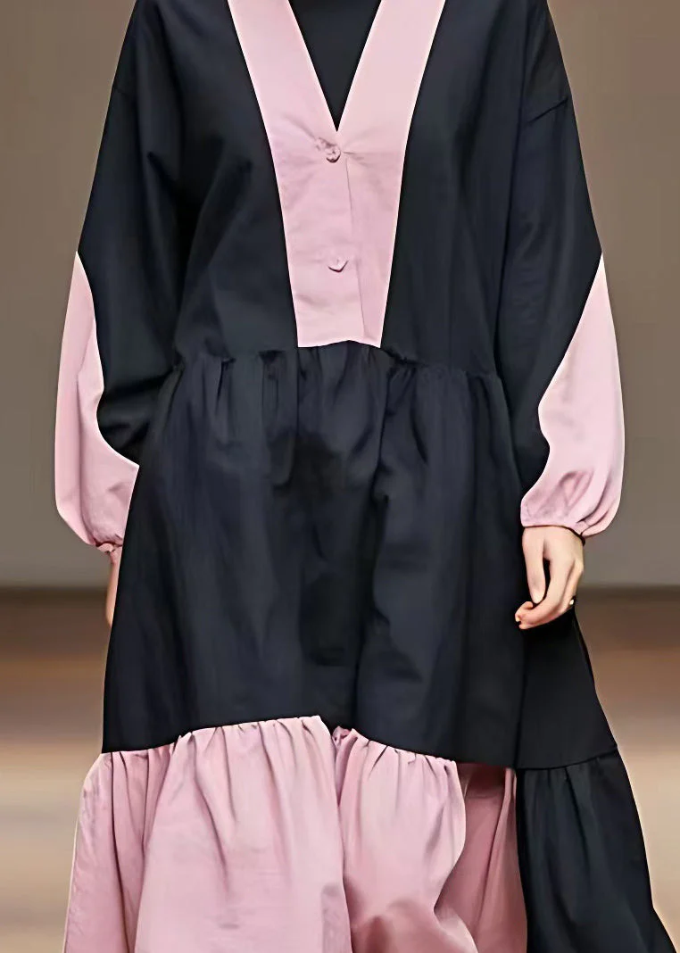 Women Pink Wrinkled Patchwork Maxi Dress Long Sleeve - Image 4