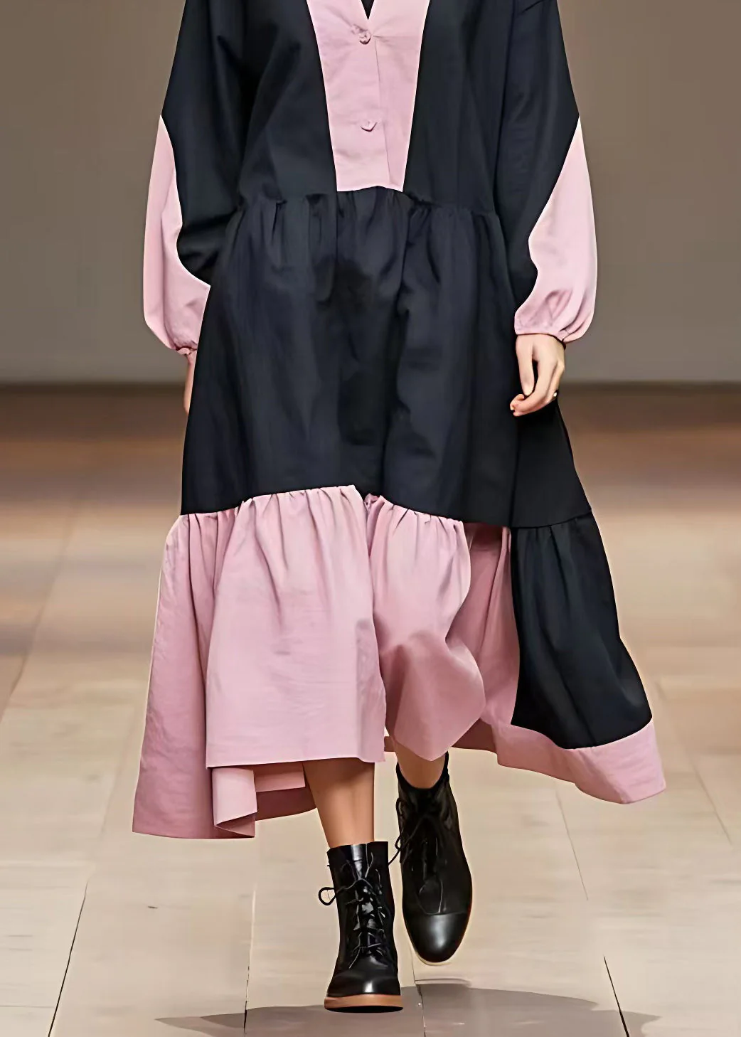 Women Pink Wrinkled Patchwork Maxi Dress Long Sleeve - Image 5