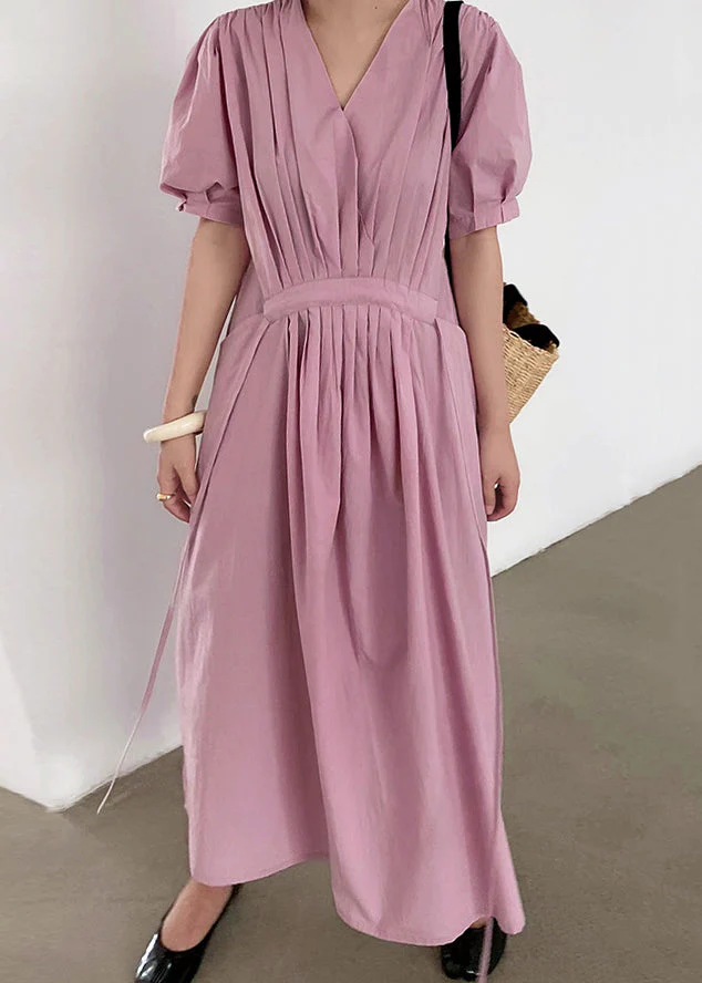 Women Pink Wrinkled Pockets Tie Waist Cotton Long Dresses Summer - Image 2