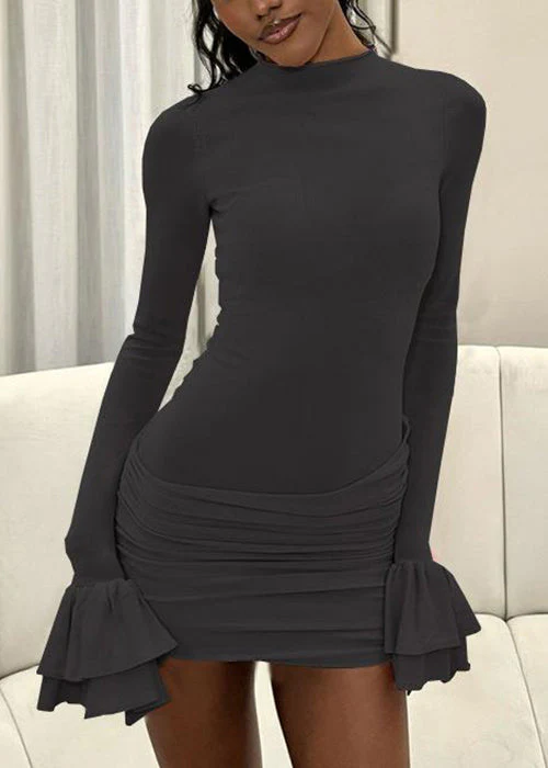 Women Pink Wrinkled Solid Cotton Mini Dresses Flare Sleeve - Image 2