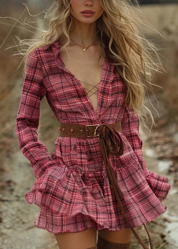 Women Plaid Ruffled Pastoral Style Long Sleeve Mini Dress