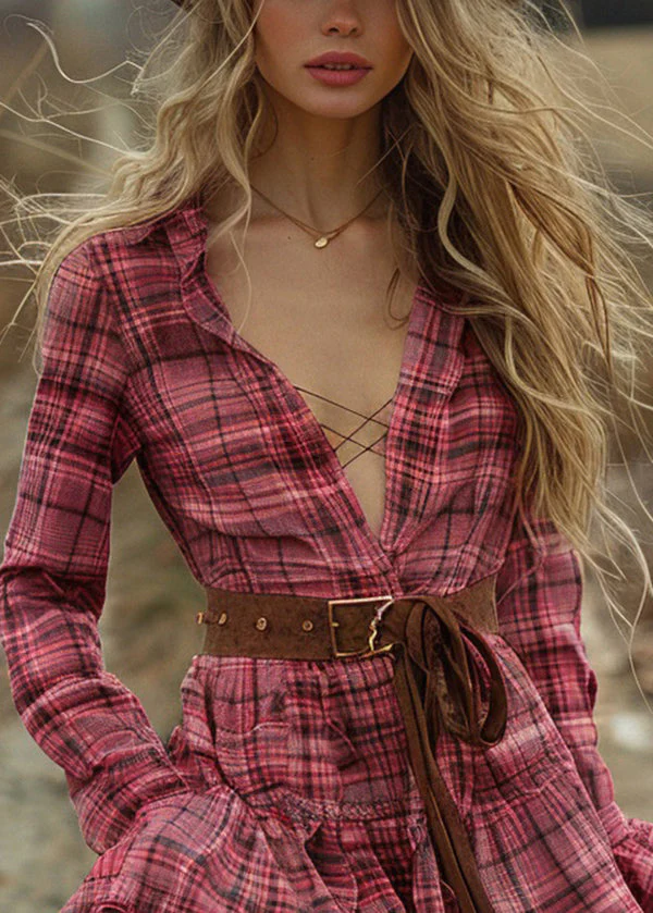 Women Plaid Ruffled Pastoral Style Long Sleeve Mini Dress - Image 2