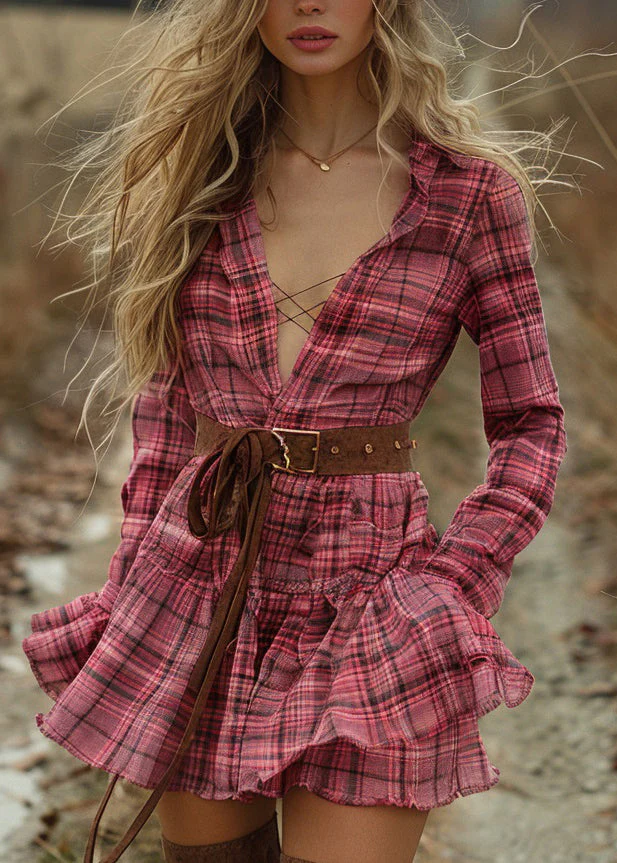Women Plaid Ruffled Pastoral Style Long Sleeve Mini Dress - Image 3