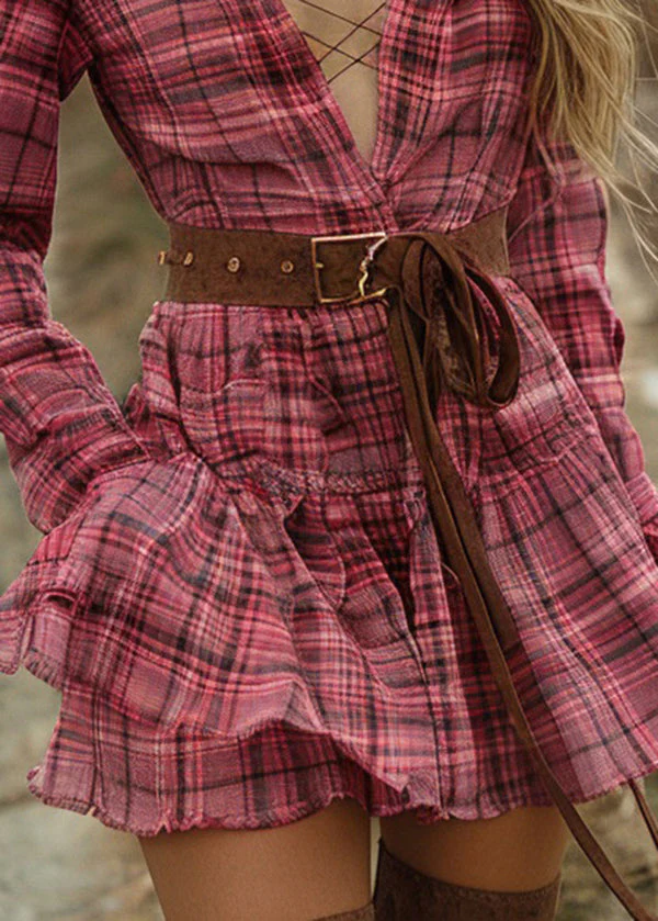 Women Plaid Ruffled Pastoral Style Long Sleeve Mini Dress - Image 4