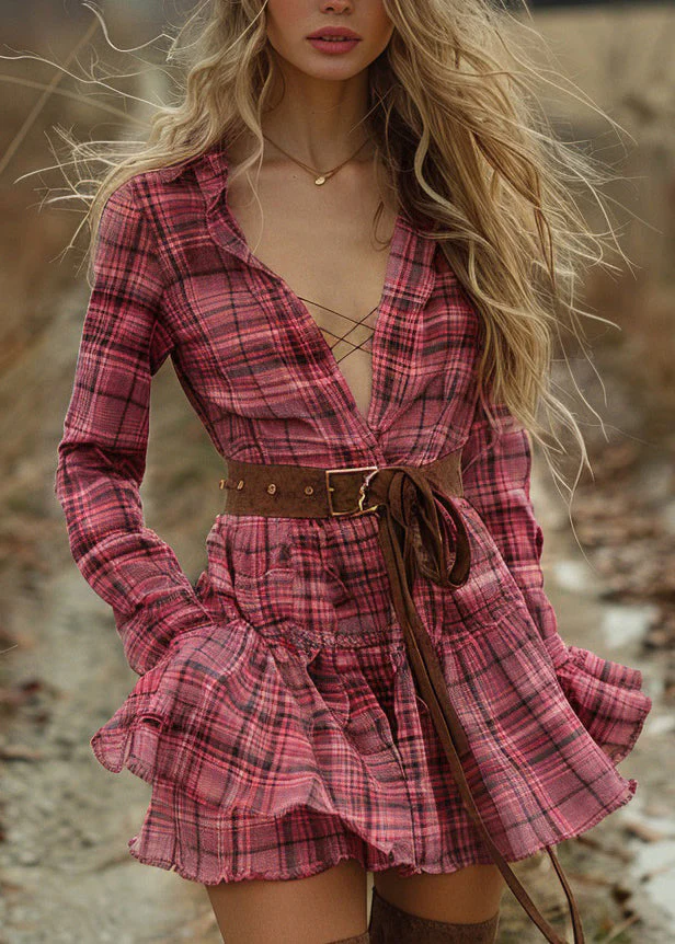 Women Plaid Ruffled Pastoral Style Long Sleeve Mini Dress - Image 5